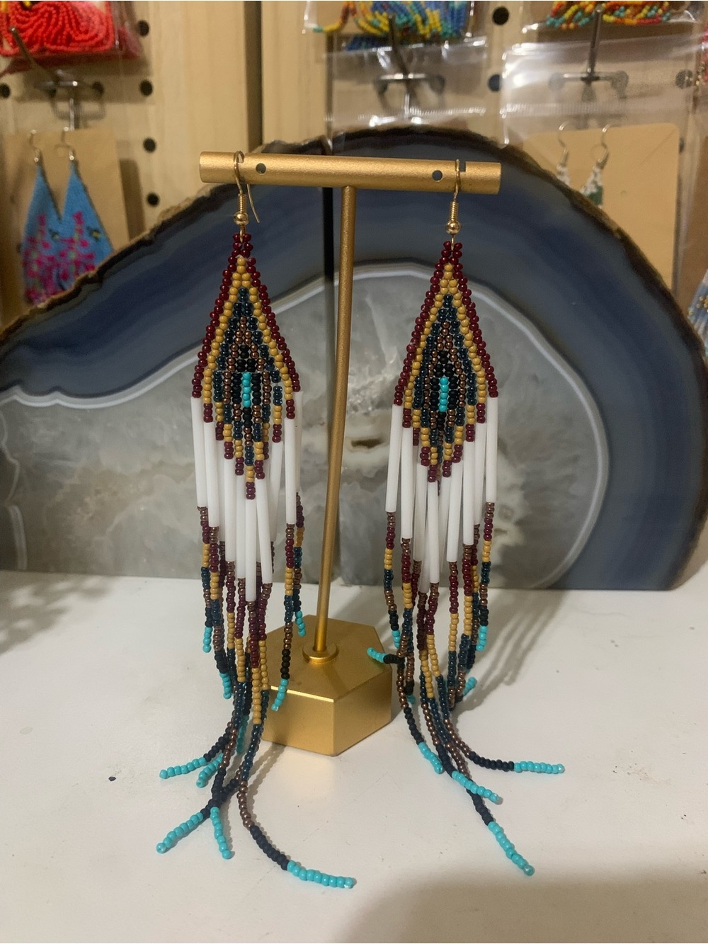 Bohemian White, Turquoise & Burgundy Beaded Fringe Earrings